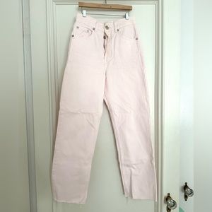 High waisted, pale pink, raw hem Zara jeans.